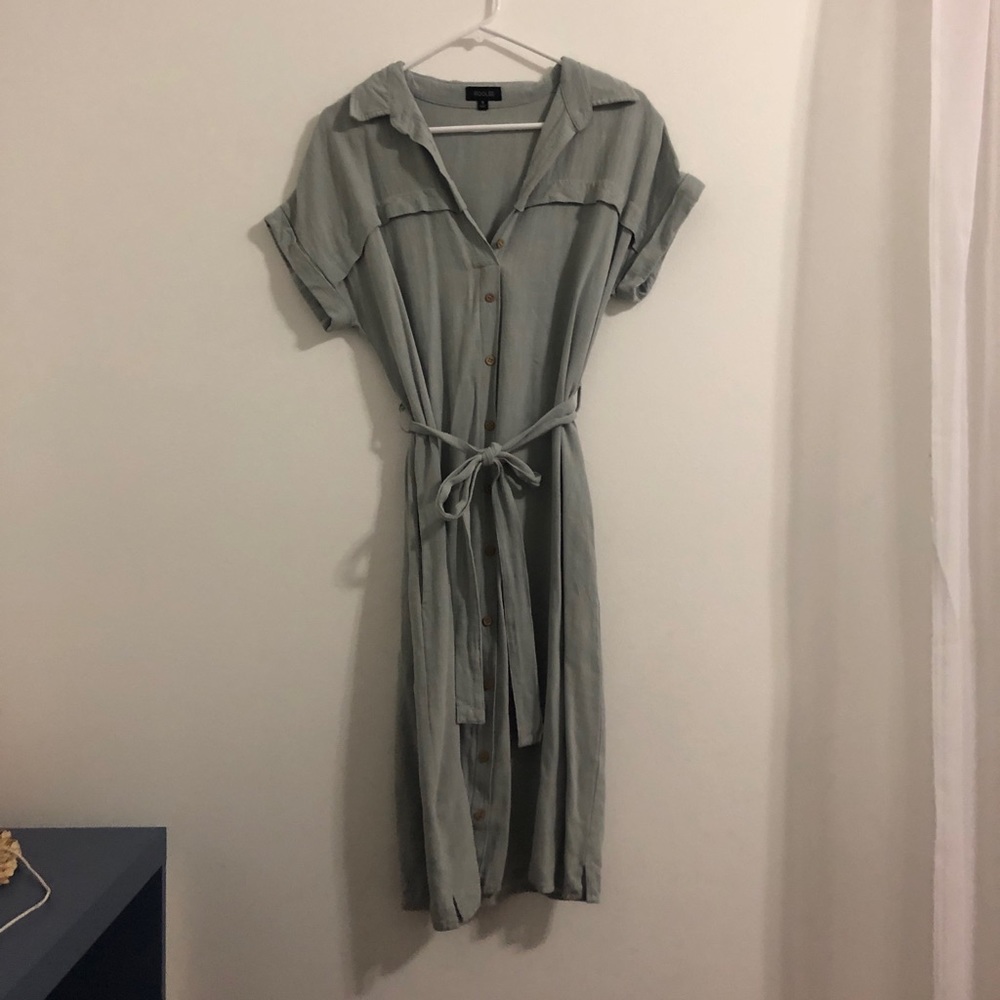 Blue Gray Roolee Button Down Linen Tie Waist Dress